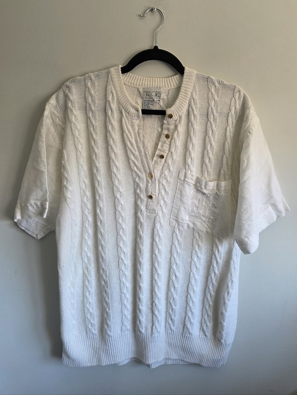 Miss Orly Cable Knit Short Sleeve Sweater Top White Cotton Ramie Henley Pocket L - Picture 2 of 9